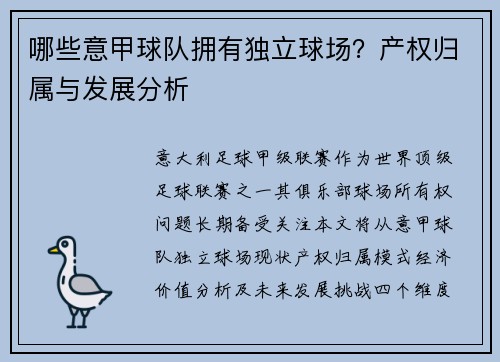 哪些意甲球队拥有独立球场？产权归属与发展分析